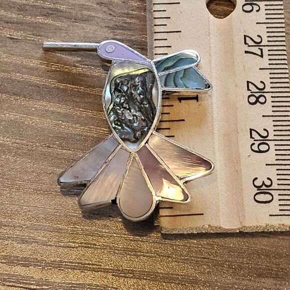 Vintage Alpaca Silver Brooch with Abalone and Mother of Pearl Hummingbird - Picture 2 of 5
